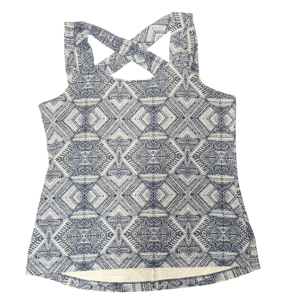 Aventura Womens sz L Blue White Geometric Organic Cotton Modal Criss Cross Tank